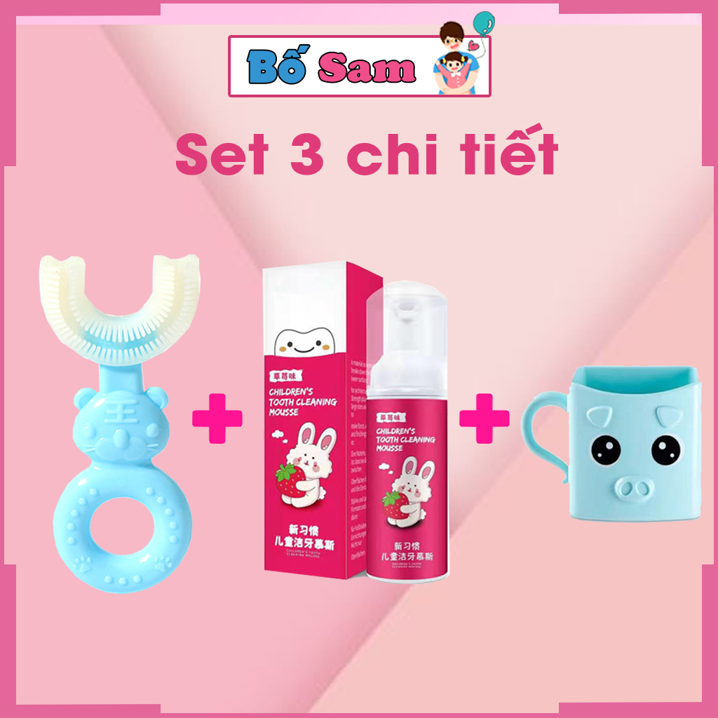 Combo 3 chi tiết bàn chải Gấu đánh răng chữ u, kem đánh răng và cốc cho bé silicon siêu mềm Shop Bố Sam