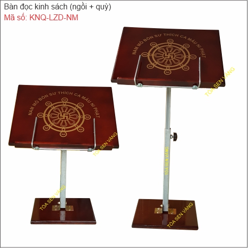 Bàn đọc kinh sách đa năng - có thể điều chỉnh độ cao và xoay mặt bàn phù hợp tư thế đọc. In hình bánh xe pháp và chữ NAM MÔ BỔN SƯ THÍCH CA MÂU NI PHẬT.