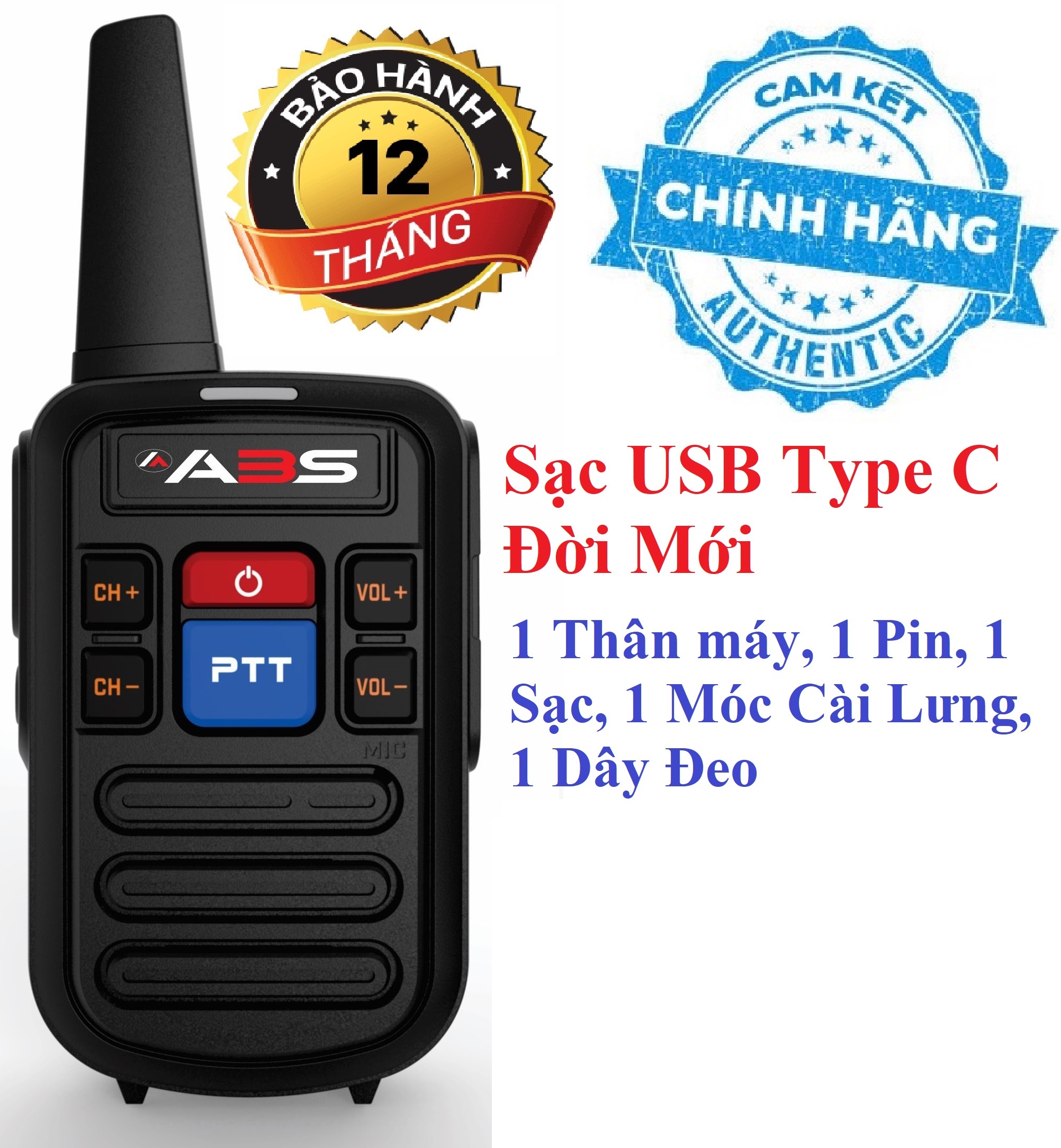 Bộ đàm siêu nhỏ chất lượng khủng ABS GP800 (2 Phím bấm PTT, Sạc USB Type C)