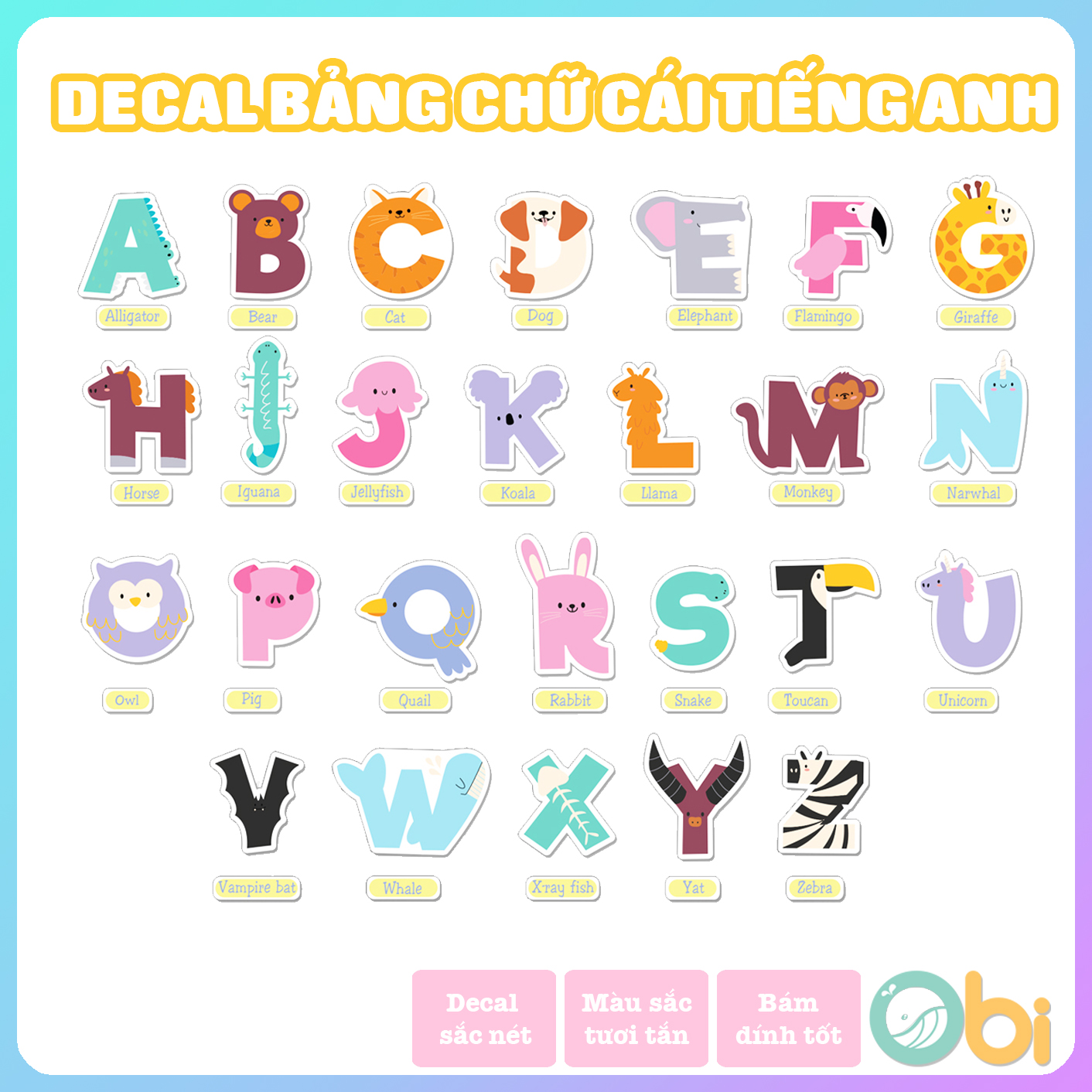 Decal trang trí phòng bé - 26 chữ cái tiếng anh dán tường obi
