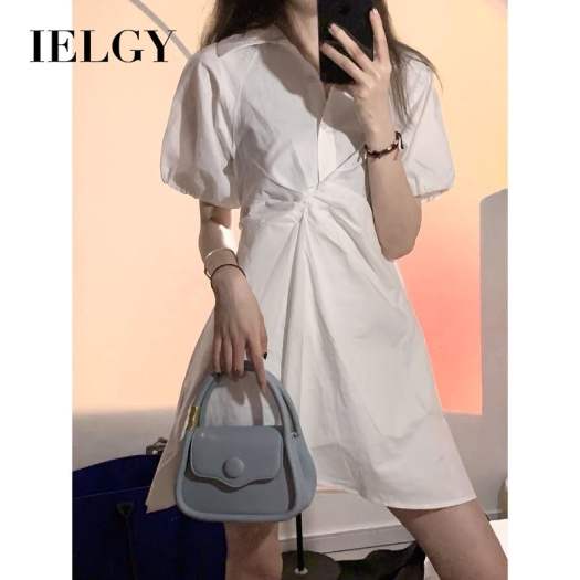 IELGY Đầm Trắng Eo Cá Tính Thiết Kế Bất Đối Xứng Hàn Quốc