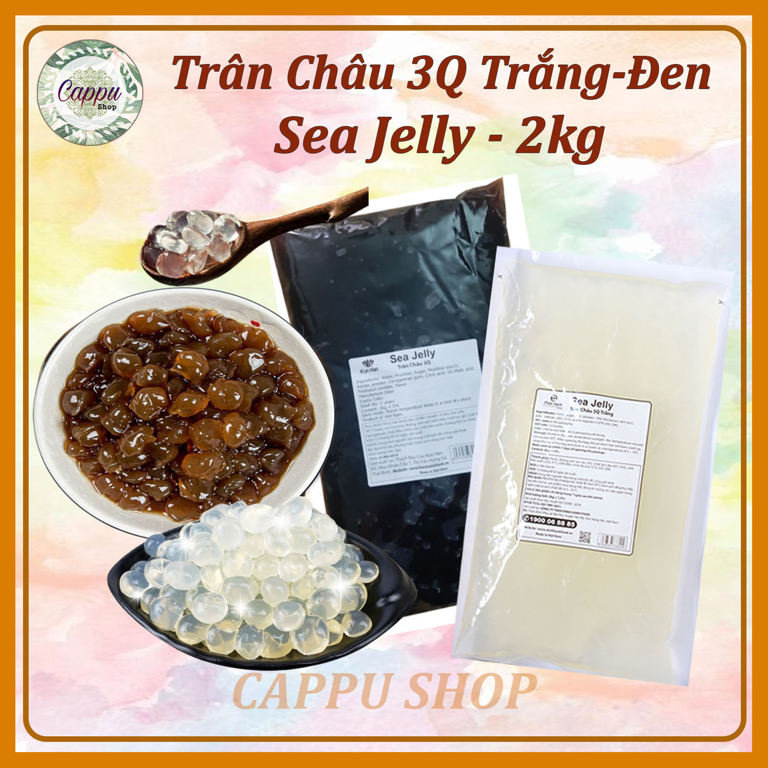 FREESHIP Trân Châu 3Q Sea Jelly, Thạch 3Q Trắng & Caramel - Túi 2kg Cappu
