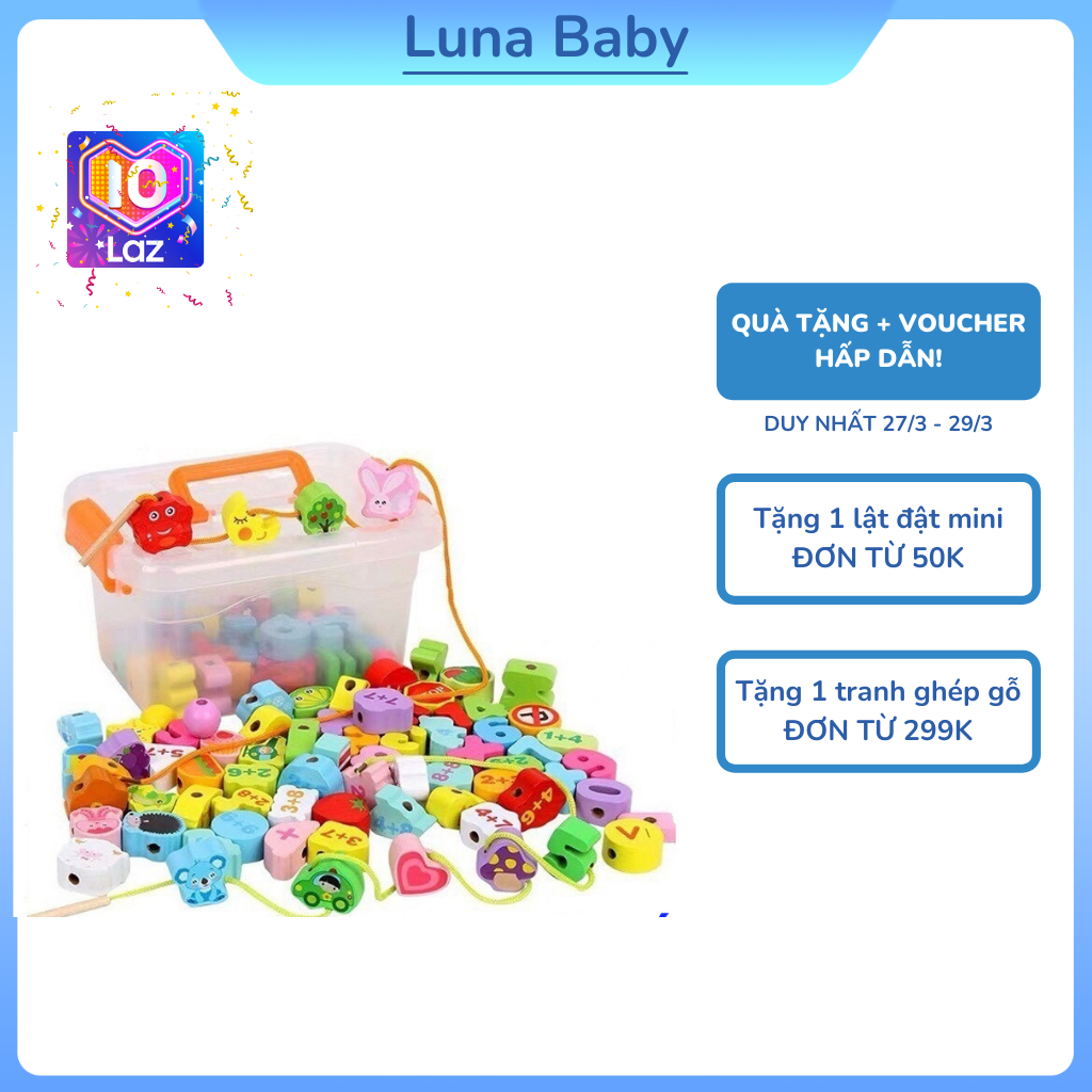 Đồ Chơi Xâu Hạt Gỗ - 106 chi tiết, Gỗ cao cấp, độ bền cao - Bộ đồ chơi xâu hạt, Đồ chơi gỗ cho bé, Bộ đồ chơi xâu hạt cho bé, Đồ chơi giá rẻ, do choi gia re, Đồ chơi thông minh, Đồ chơi phát triển sớm - Luna Baby