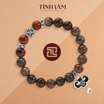 TINH LÂM Vòng Tay Phong Thủy Đá Gỗ Hóa Thạch 8 Li - Charm Lục Lạc