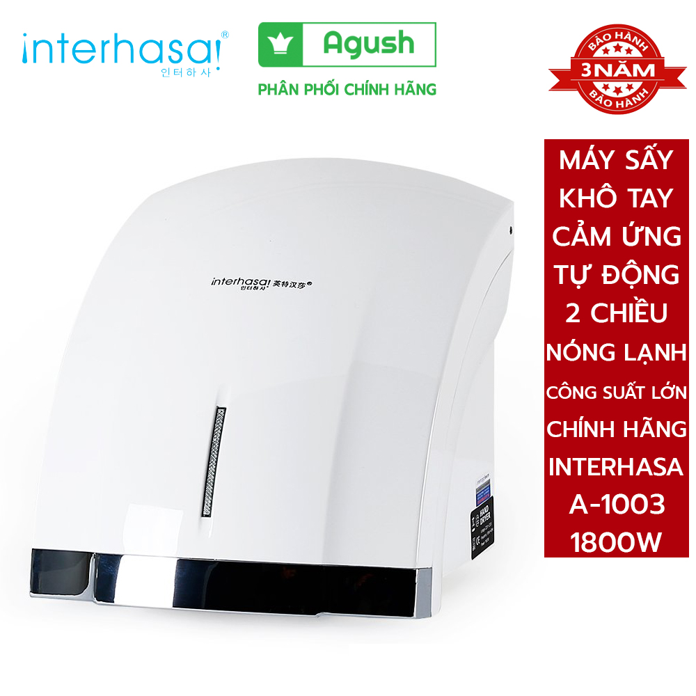 Máy sấy tay khô tự động cảm ứng hand dryer INTERHASA A-1003 1800w nhập khẩu chính hãng dán treo tường cảm biến hồng ngoại nhạy 2 chiều nóng lạnh công suất lớn hơ thổi hong khô tay đèn led tiện lợi trong nhà vệ sinh phòng tắm giá rẻ