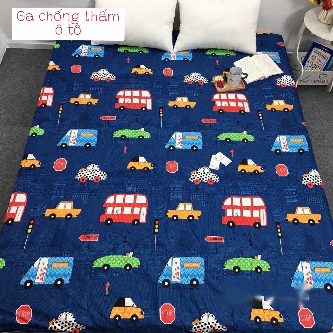 Ga chống thấm cotton hoạ tiết, drap chống thấm , ga chống thấm cotton kháng khuẩn, an toàn cho bé mẫu ô tô