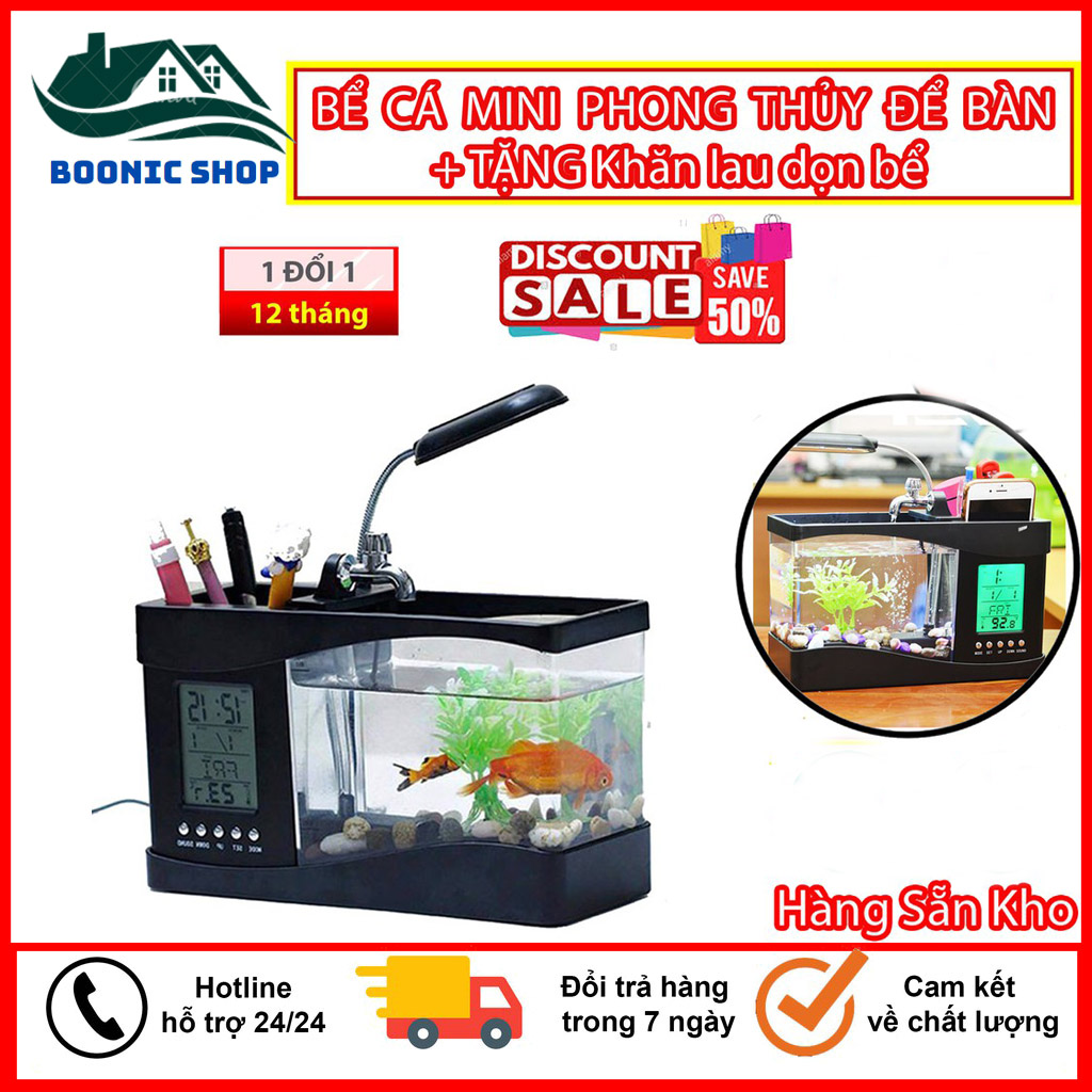 Bể cá mini để bàn trang trí - decor phòng - bể cá phong thủy có đèn có đồng hồ có loa kèm đồ chơi thủy sinh