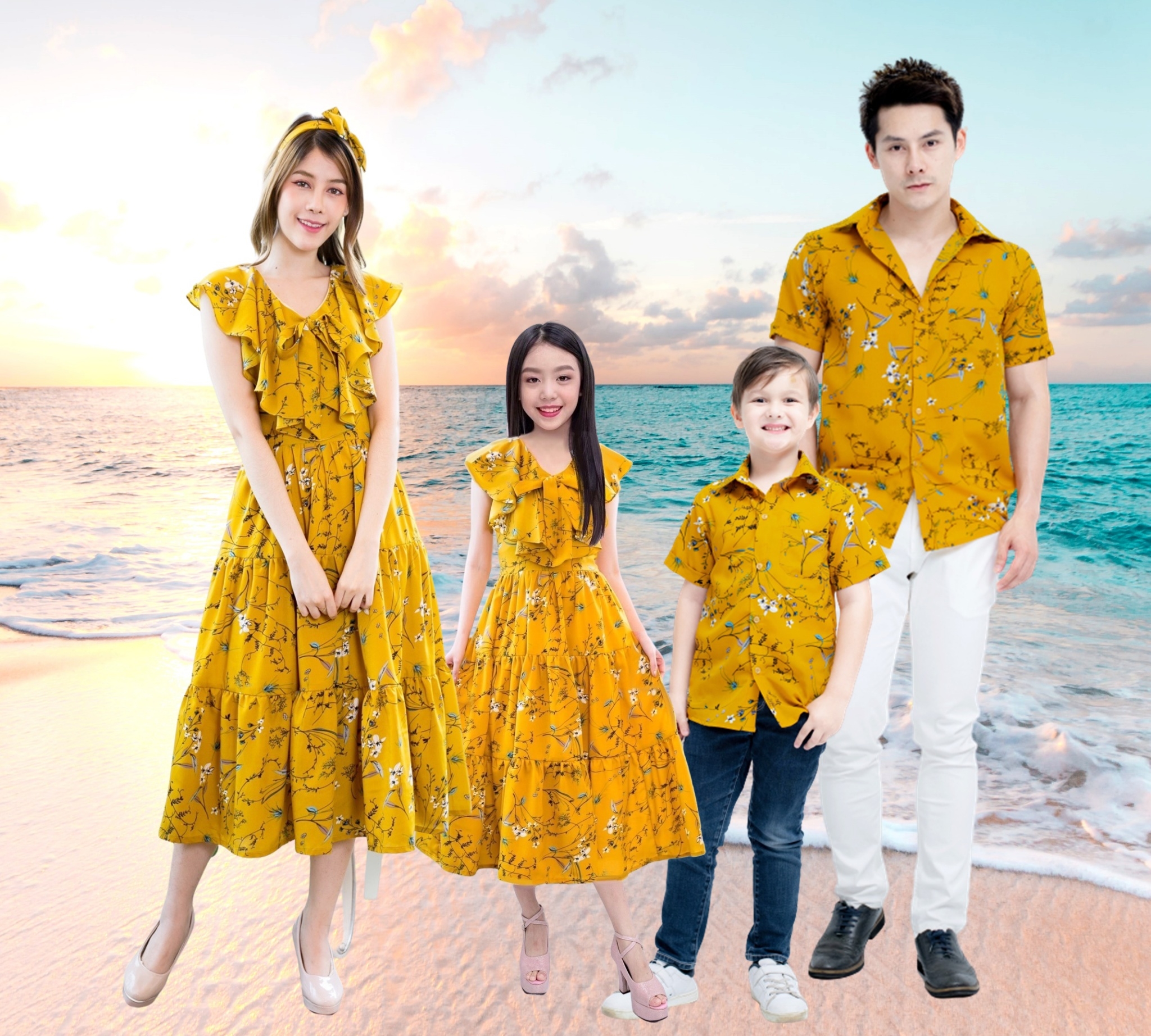 ชุดครอบครัว เดรสสวย ชุดคู่แม่ลูก เดรสยาว Vintage Mustard เดรสคอวี ชุดไปเที่ยวทะเล เดรสสีเหลือง เสื้อเชิ๊ต เชิ๊ตแขนสั้น ราคา 450 บาท*ส่งฟรี