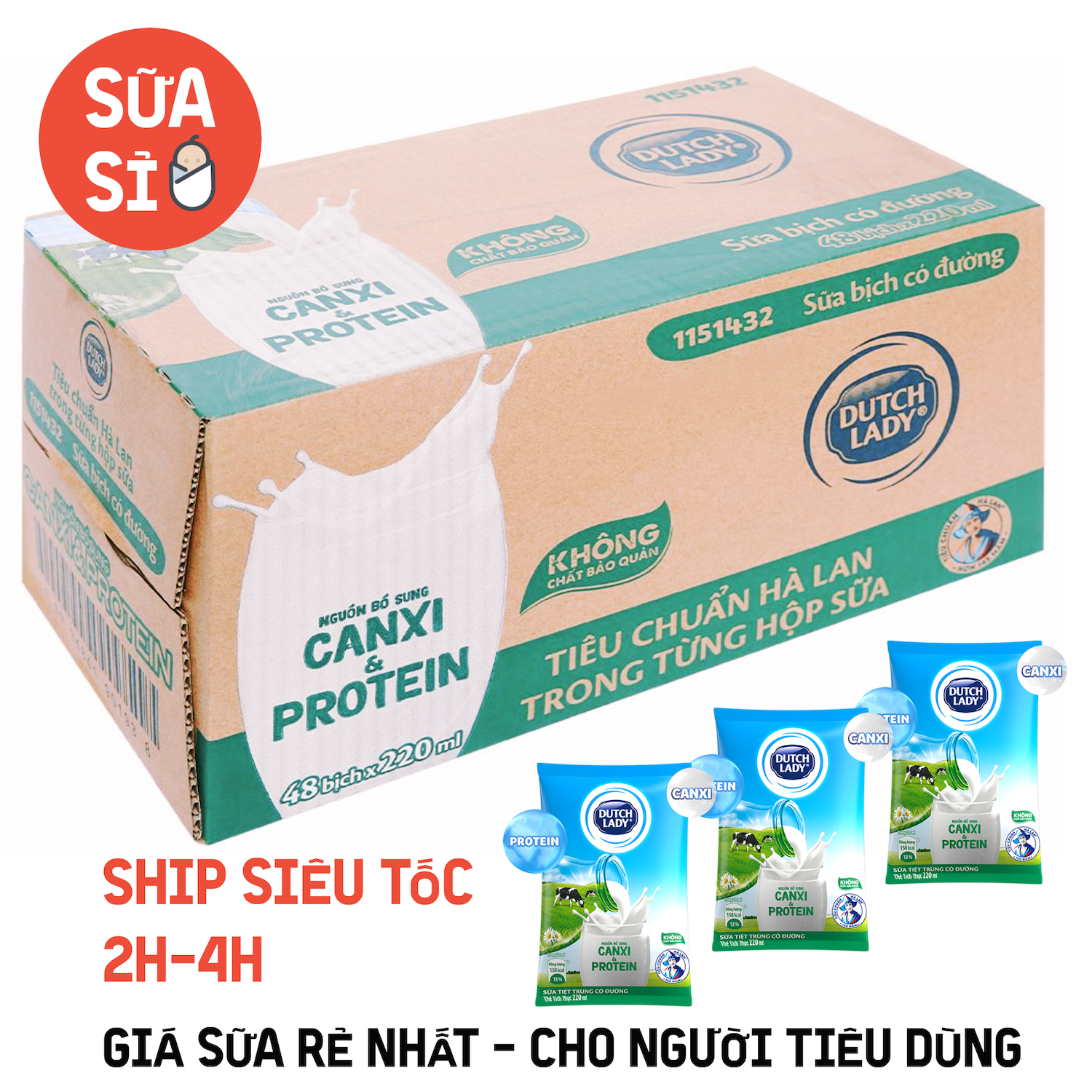 Thùng 48 bịch sữa cô gái hà lan có đường - 220ml x 48 bịch