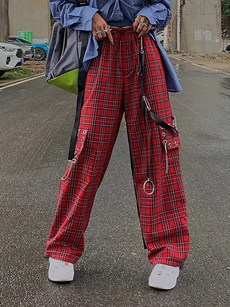 Red plaid plus size on sale pants