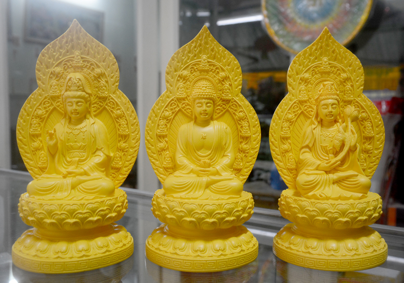 Bộ ba tượng Phật Tây Phương Tam Thánh ngồi đài hào quang vàng mơ cao 17cm