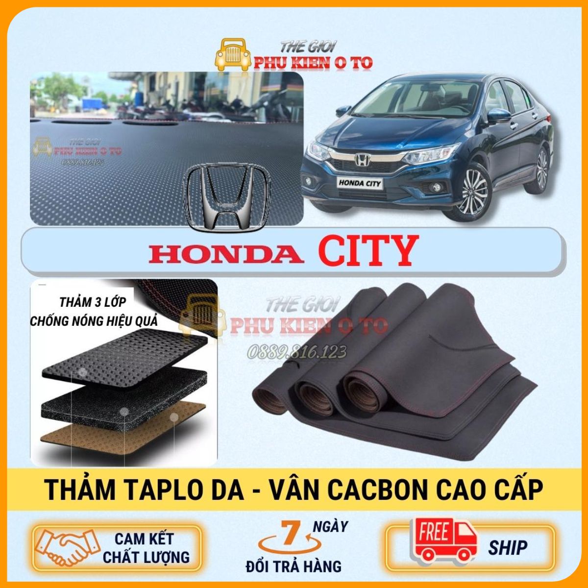 Thảm Taplo Honda City 2015 - 2022 da Cacbon 3 lớp cao cấp, chống nóng cho ô tô hiệu quả
