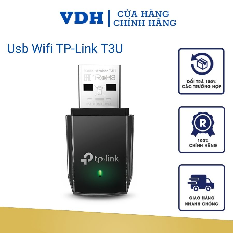 Usb wifi TP-Link T3U băng tần kép thu sóng wifi 2.4ghz và 5ghz cho pc laptop chuẩn AC 1300Mbps