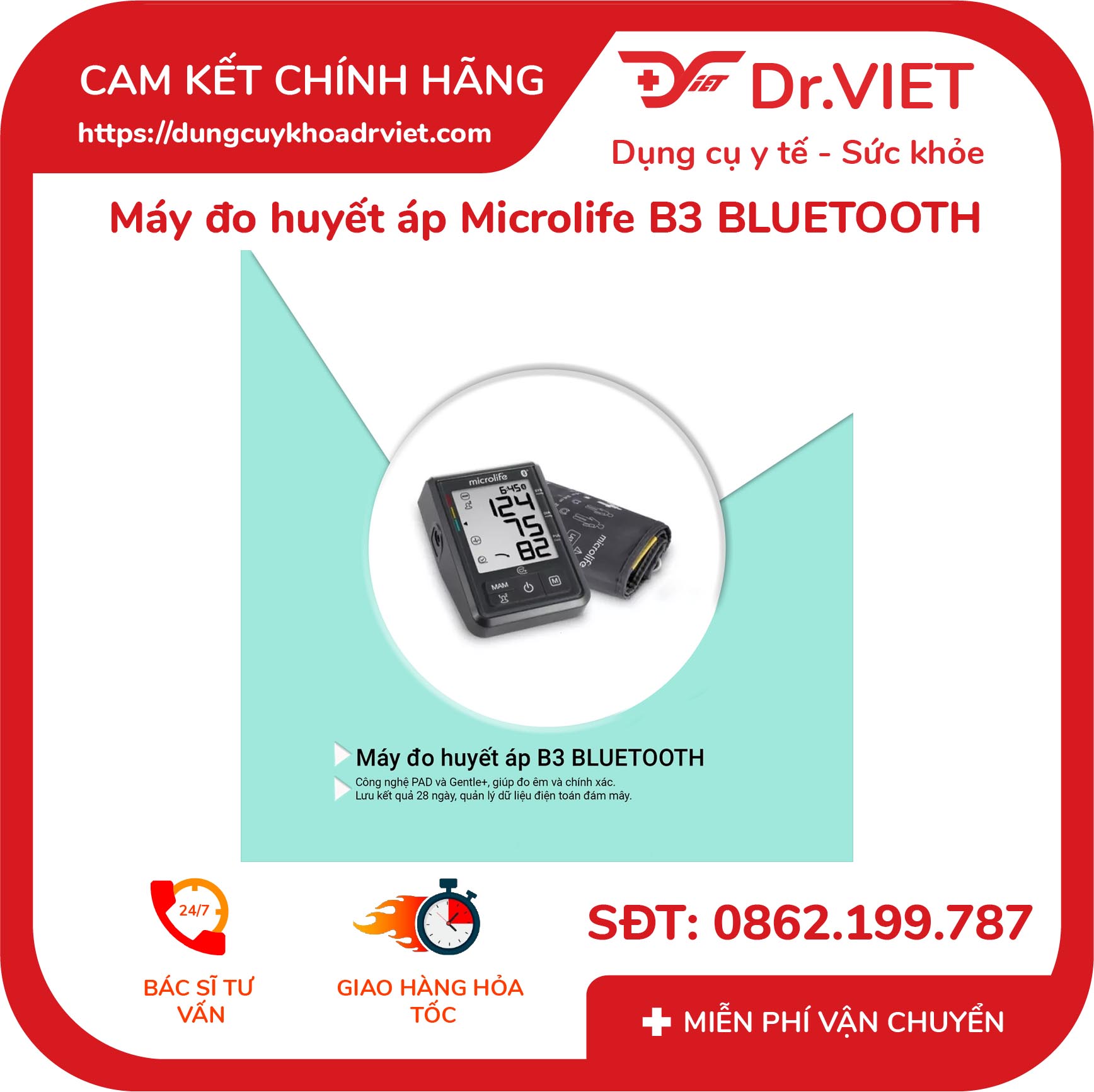 Máy đo huyết áp bắp tay Microlife B3 Bluetooth - (Đo huyết áp và nhịp tim tại nhà, phát hiện rối loạn nhịp tim, cảnh báo đột quỵ) - DrViet