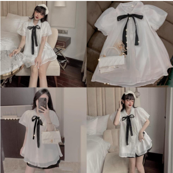 Áo BẦU sơ mi babydoll ren tơ form thụng dáng xòe