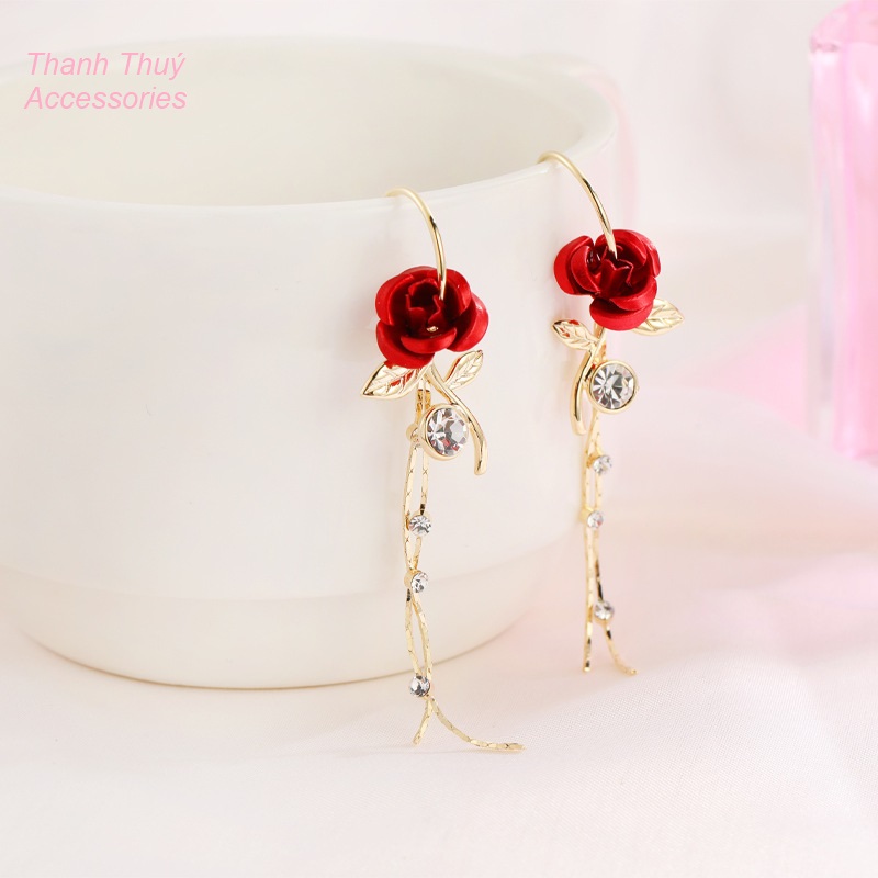 Bông tai nữ hoa hồng đỏ dáng dài ngọt ngào nữ tính