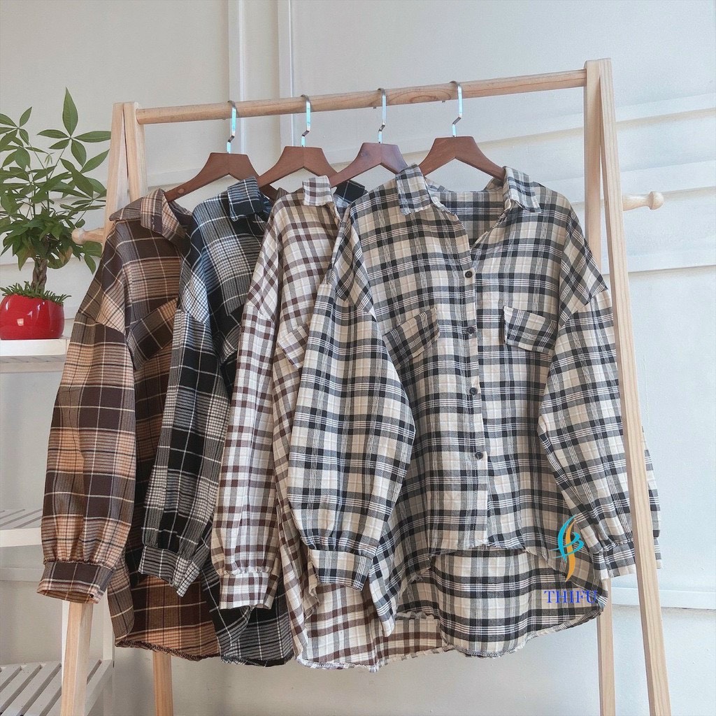 Áo Sơmi Sọc Caro Form Rộng Unisex Phong Cách Ulzzang Trẻ Trung Sành Điệu