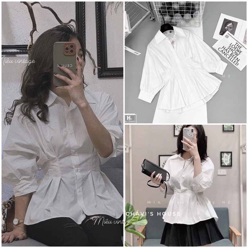 Áo sơ mi nữ trắng công sở nhúm eo dáng xòe cá tính