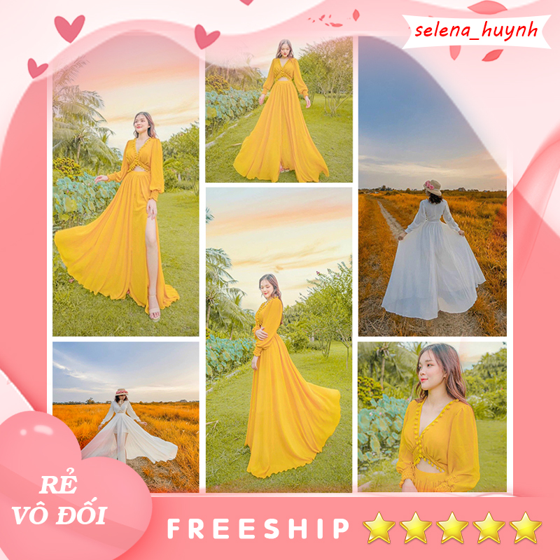 Đầm maxi dáng dài đi biển, du lịch hở bụng xẻ tà màu vàng, trắng sẵn mút ngực Selena huynh 123