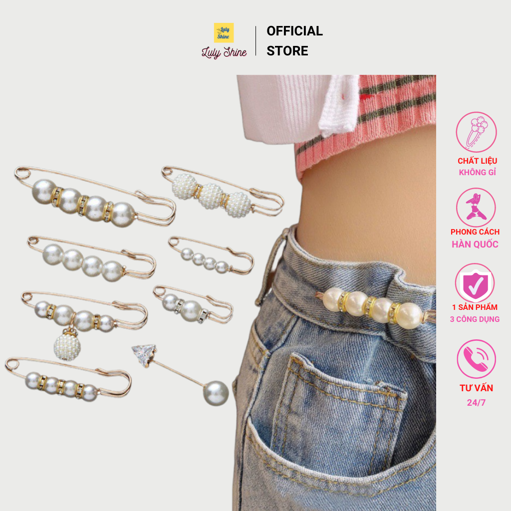 Ghim cài quần áo 2 trong 1, kẹp điều chỉnh cố định trang phục đính ngọc trai phong cách Hàn Quốc Luly PK02