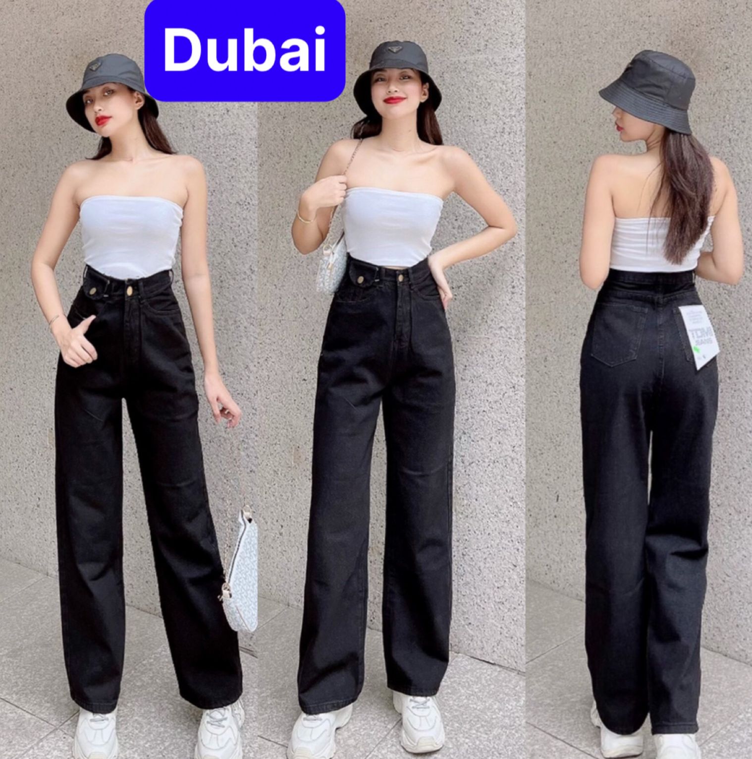 QUẦN BAGGY JEAN NỮ CHẤT BÒ XÁM ĐEN ỐNG SUÔNG RỘNG DÀI KHÓA TRƯỚC LƯNG CAO NÂNG MÔNG PHONG CÁCH HÀN QUỐC HOT NHẤT 2023 - DUBAI FASHION