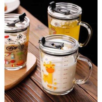 Cốc Chia Vạch Thủy Tinh Pha Sữa Cho Bé 350ml Có Tay Cầm, Nắp Và Ống Hút Tiện Lợi Chống Sánh, Ly Chia Vạch