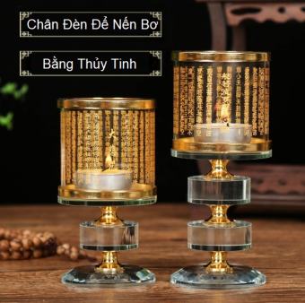 Chân Đèn Để Nến Bơ Bằng Thủy Tinh Pha Lê Cao 3 Tầng, Đèn Phật có Chụp chống gió - khắc in Bài Chú Đại Bi Mantra Chú Tâm Kinh ( Không bao gồm nến bơ ) - ( Vật Phẩm Thờ Cúng ) - Phật Giáo Tường Thuận ( 1 Đèn )