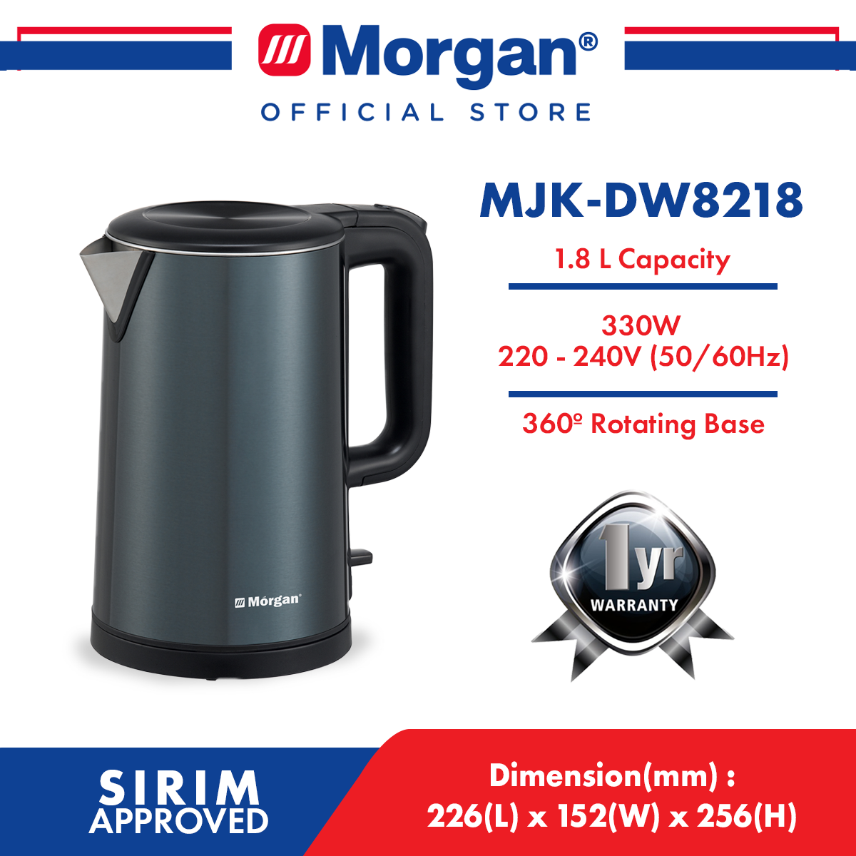 MORGAN MJK-DW8218 DOUBLE WALL STAINLESS STEEL JUG KETTLE 1.8L