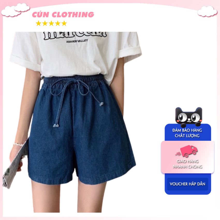 Quần sooc ,đùi jeans cạp chun đính nơ chất liệu bò giấy mềm- Cún clothing