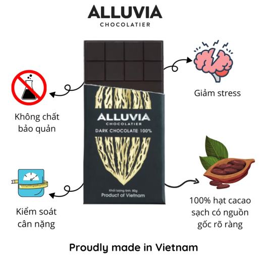 Socola đen nguyên chất không đường đắng đậm 100% ca cao Alluvia Chocolate
