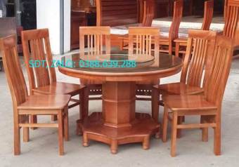 bộ bàn ghế ăn gỗ sồi nga bàn tròn kính xoay 6 ghế