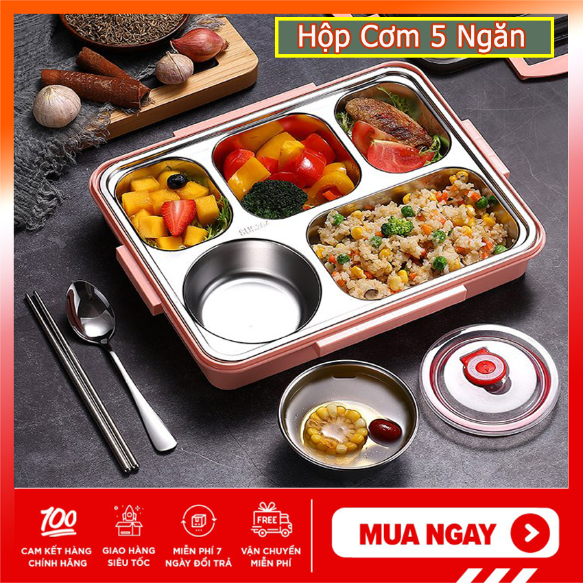 Khay cơm inox 5 ngăn có bát canh sâu lòng có nắp đựng giữ nhiệt cầm tay tiện ích