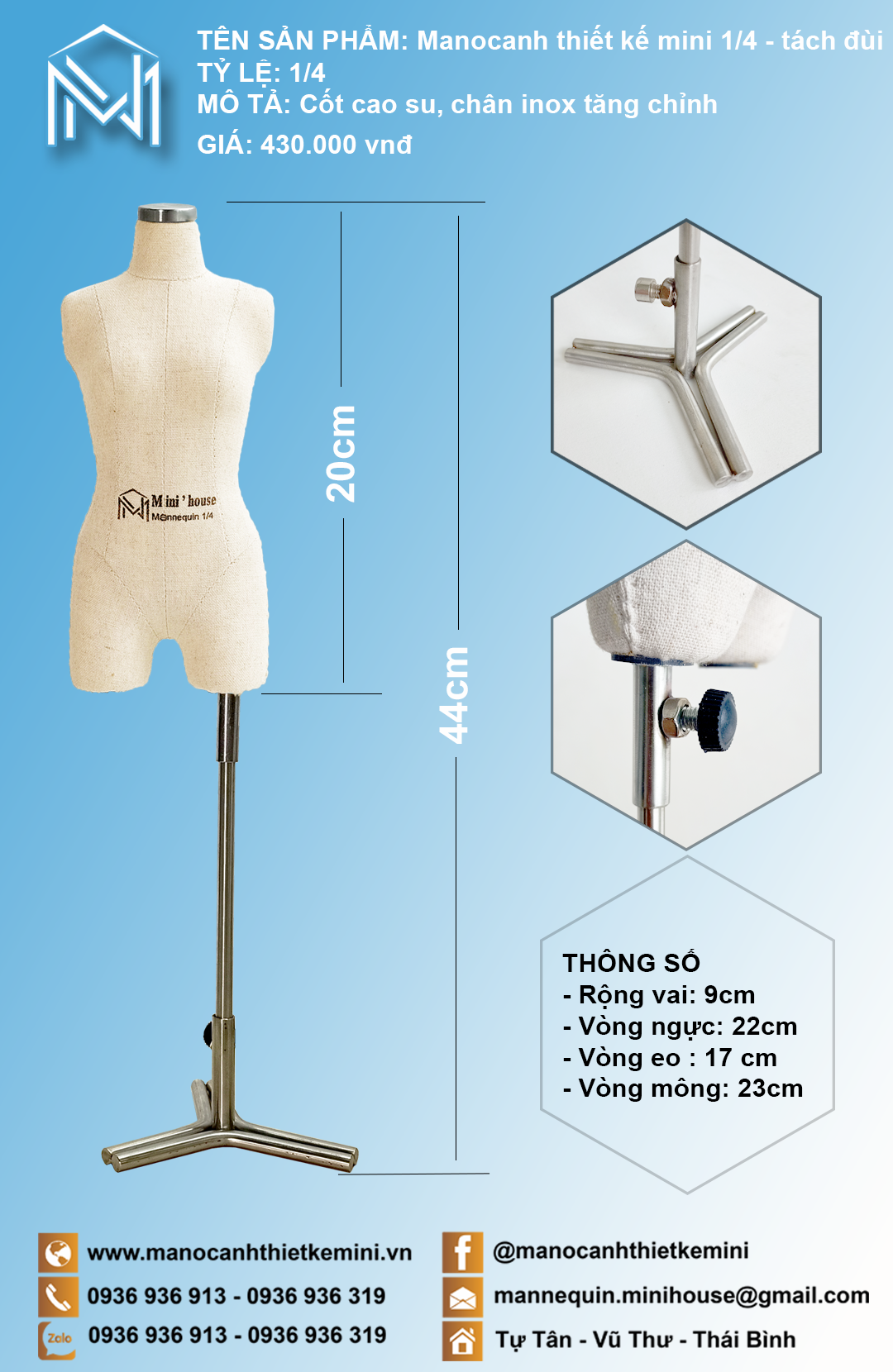 Manocanh thiết kế mini tỷ lệ 1/4 - tách đùi (Tặng kèm rập đầm cơ bản tỷ lệ 1/4)