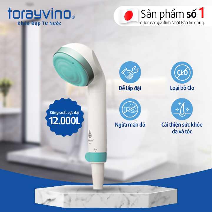 Vòi sen tắm khử Clo màu Xanh Torayvino Công suất 12000L, Dễ lắp đặt, Mịn da, Khỏe tóc, Nguyên kiện từ Nhật