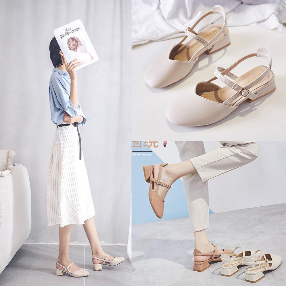 Giày sandal nữ, Giày cao gót bít mũi đế vuông 3p phong cách Vintage - D02 Mian Store