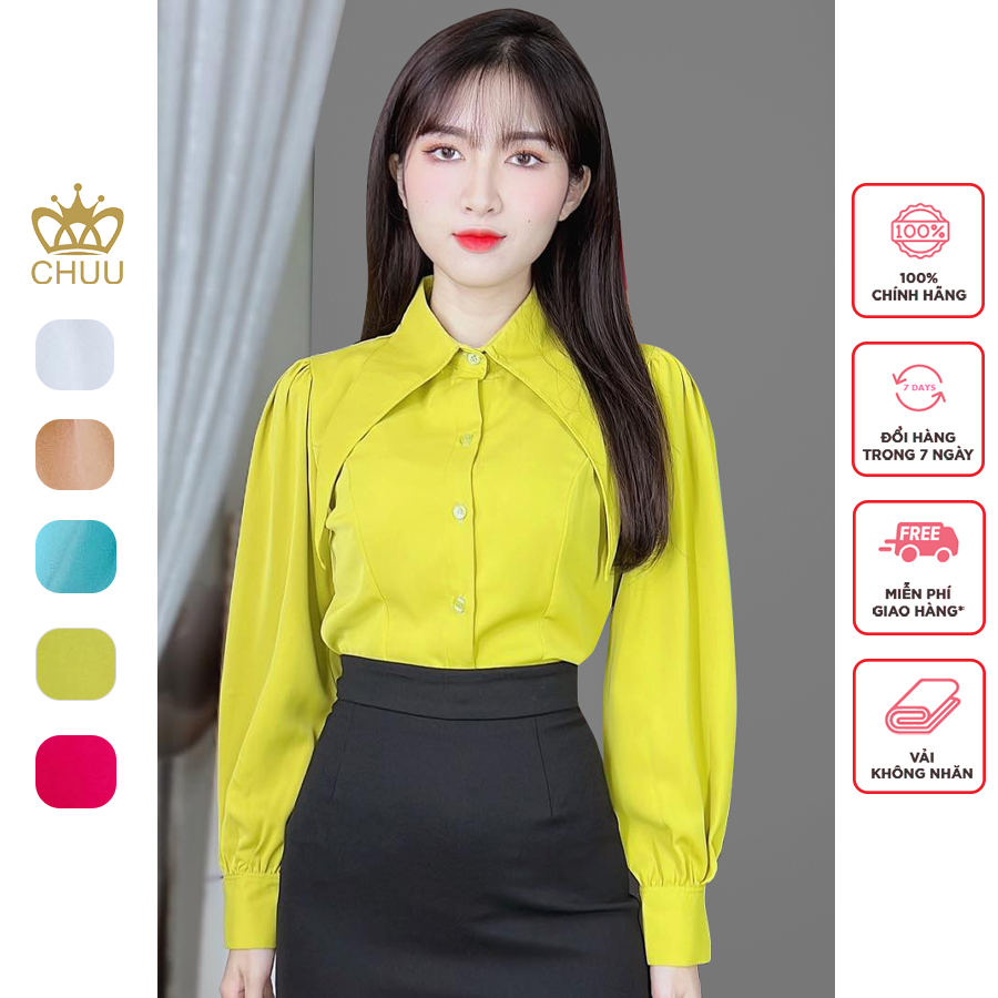Áo sơ mi nữ tay phồng công sở cổ nhọn chuu a8077