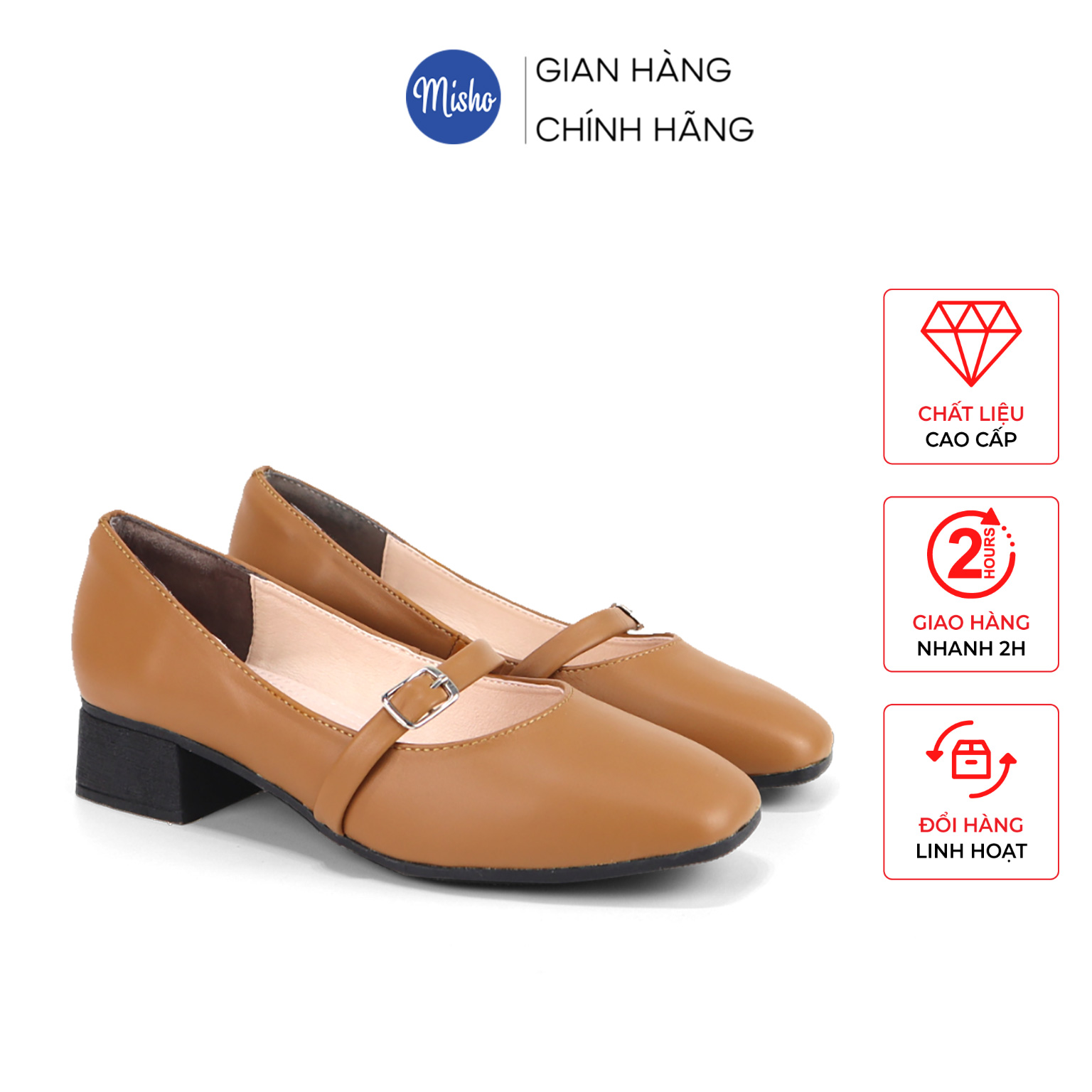 Giày búp bê nữ da thật êm mềm ôm chân mũi vuông thời trang gót cao 3cm Misho 1158