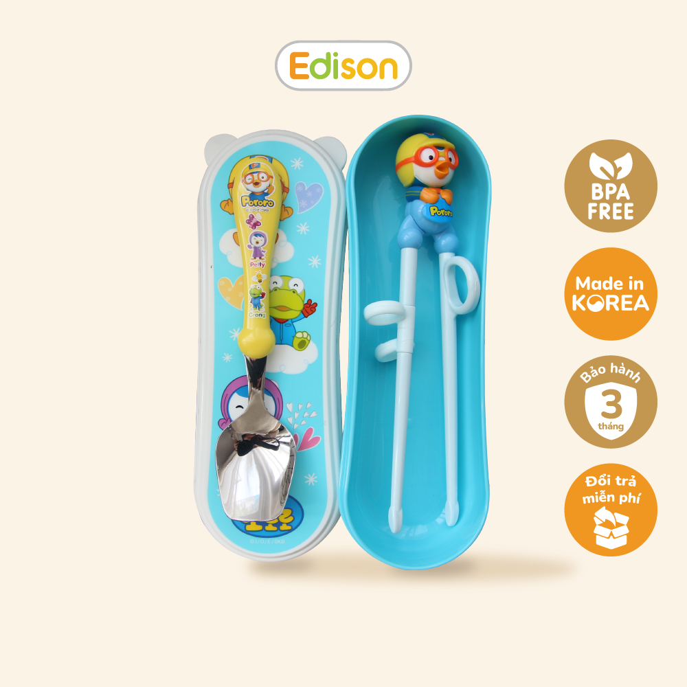 Bộ thìa, đũa ăn bằng Inox - Đồ dùng ăn dặm cho bé 2 món (thìa, đũa tập ăn) Edison 9842 hình Pororo có hộp đảm bảo an toàn vệ sinh