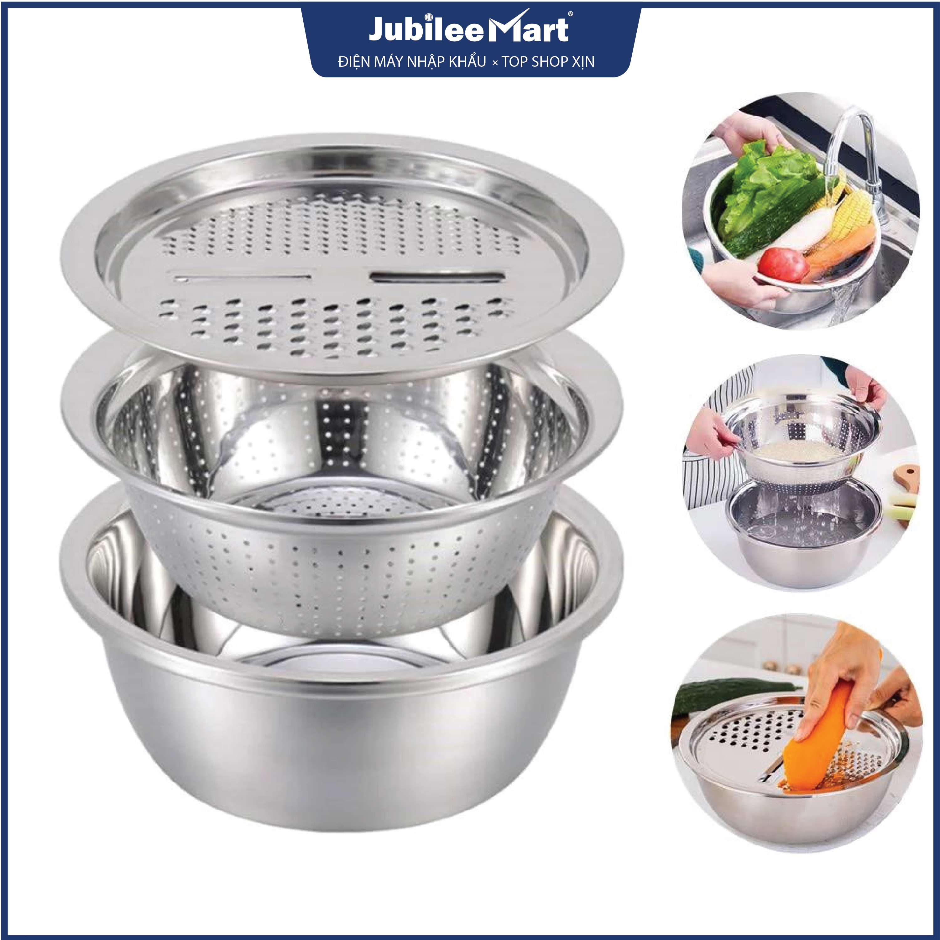 Bộ chậu, rổ inox kèm nạo rau củ tiện lợi, sử dụng rất nhiều tính năng - bộ rổ inox kèm nạo rau củ 3 chi tiết - bộ rổ chậu kèm nạo đa năng tiện lợi - bộ rổ inox kèm nạo rau củ tiện dụng