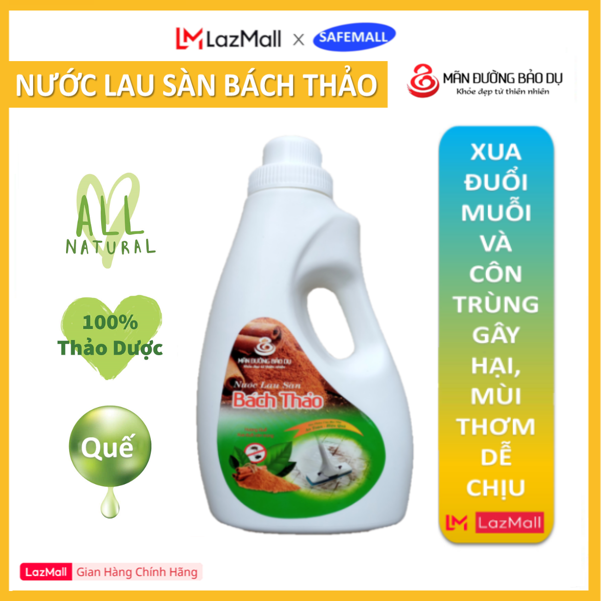 SAFEMALL - Nước lau sàn Bách Thảo diệt khuẩn xua đuổi muỗi và các loại côn trùng Chai 3kg - Hàng Chính hãng Siêu Thị SafeMall
