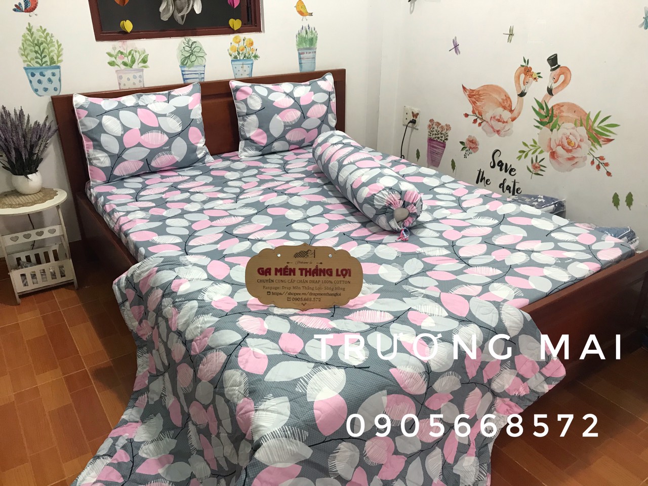 Bộ Chăn Ga Gối Thắng Lợi 5 món kèm chăn chần gòn