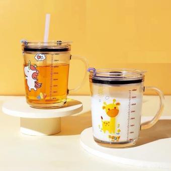 Cốc Pha Sữa Thủy Tinh Chia Vạch Cho Bé - Ly Nước Có Ống Hút Và Nắp Đậy -  Cốc Thủy Tinh Bò Sữa
