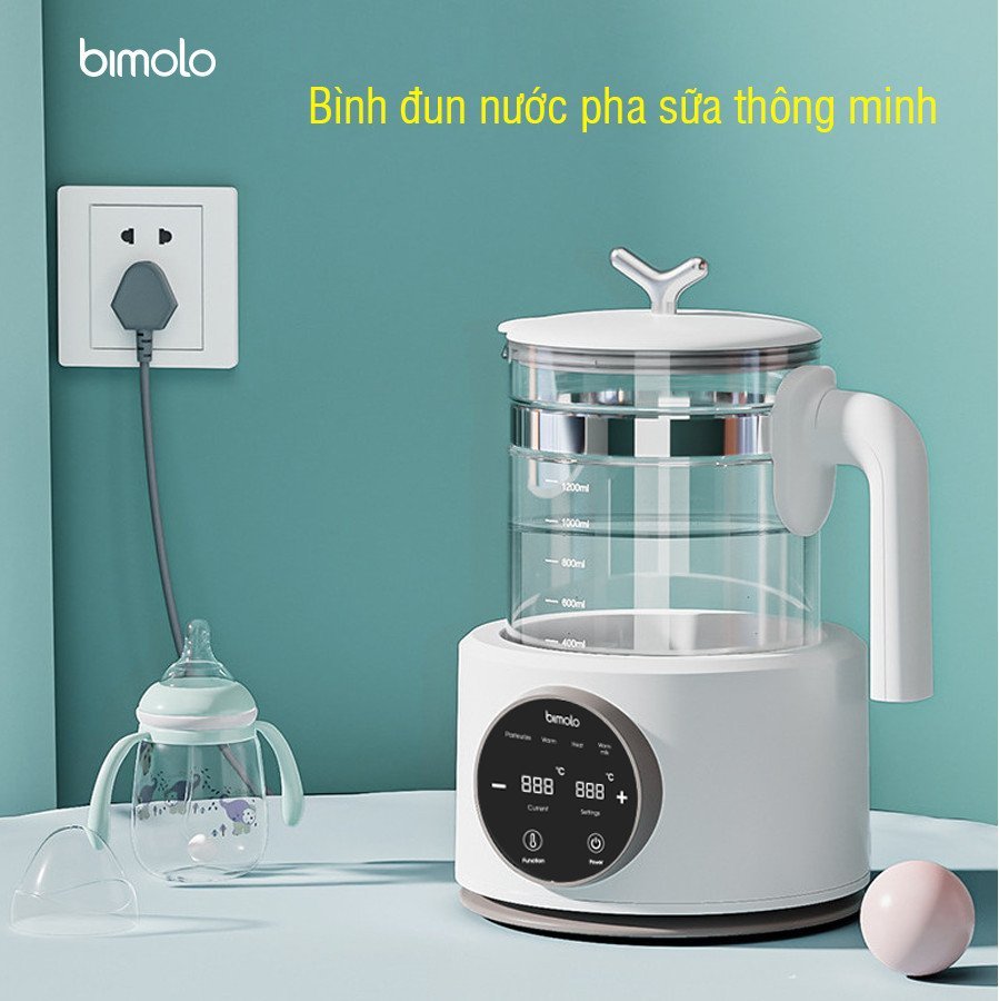 [ HÀNG CHÍNH HÃNG ] Bình Đun Nước Ấm Pha Sữa Bimolo 1.5L Đun Sôi Nhanh Trong 3 Phút Giữ Nhiệt Độ không Đổi 24h, Khử Clo Trong Nước, Đế Bình Tay Cầm Nhựa ABS An Toàn, Bình Bằng Thủy Tinh Borosilicat Điều Chỉnh Nhiệt Độ Mong muốn