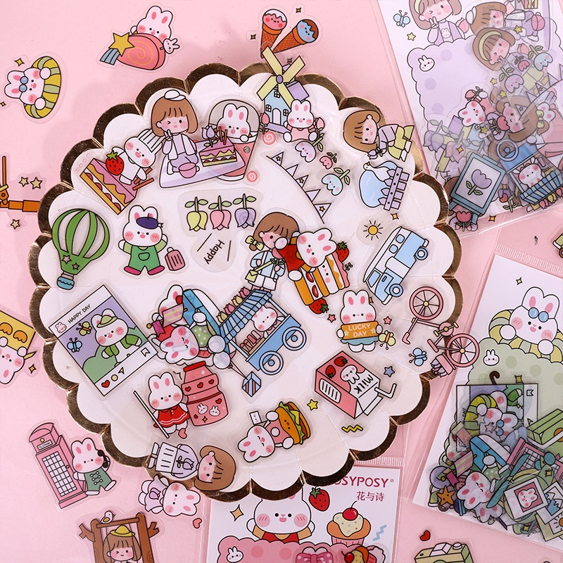 Túi 40 miếng hình dán 4 mẫu bé gái và thỏ siêu cute trang trí sổ tay lưu bút, Set 40 miếng sticker in hình em bé và thỏ dễ thương dán sổ lưu niệm