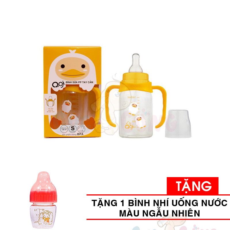 Bình sữa Agi cổ nhỏ nhựa PP có tay cầm 140ml Tặng 1 bình uống nước nhí