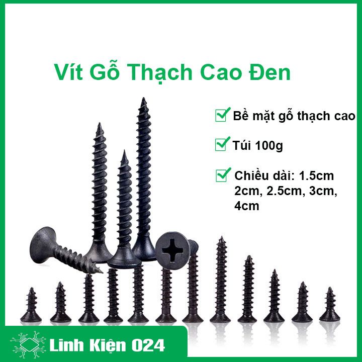 Vít gỗ đen, vít thạch cao màu đen (túi 100g) chiều dài 1.5cm/2cm/2.5cm/3cm/4cm