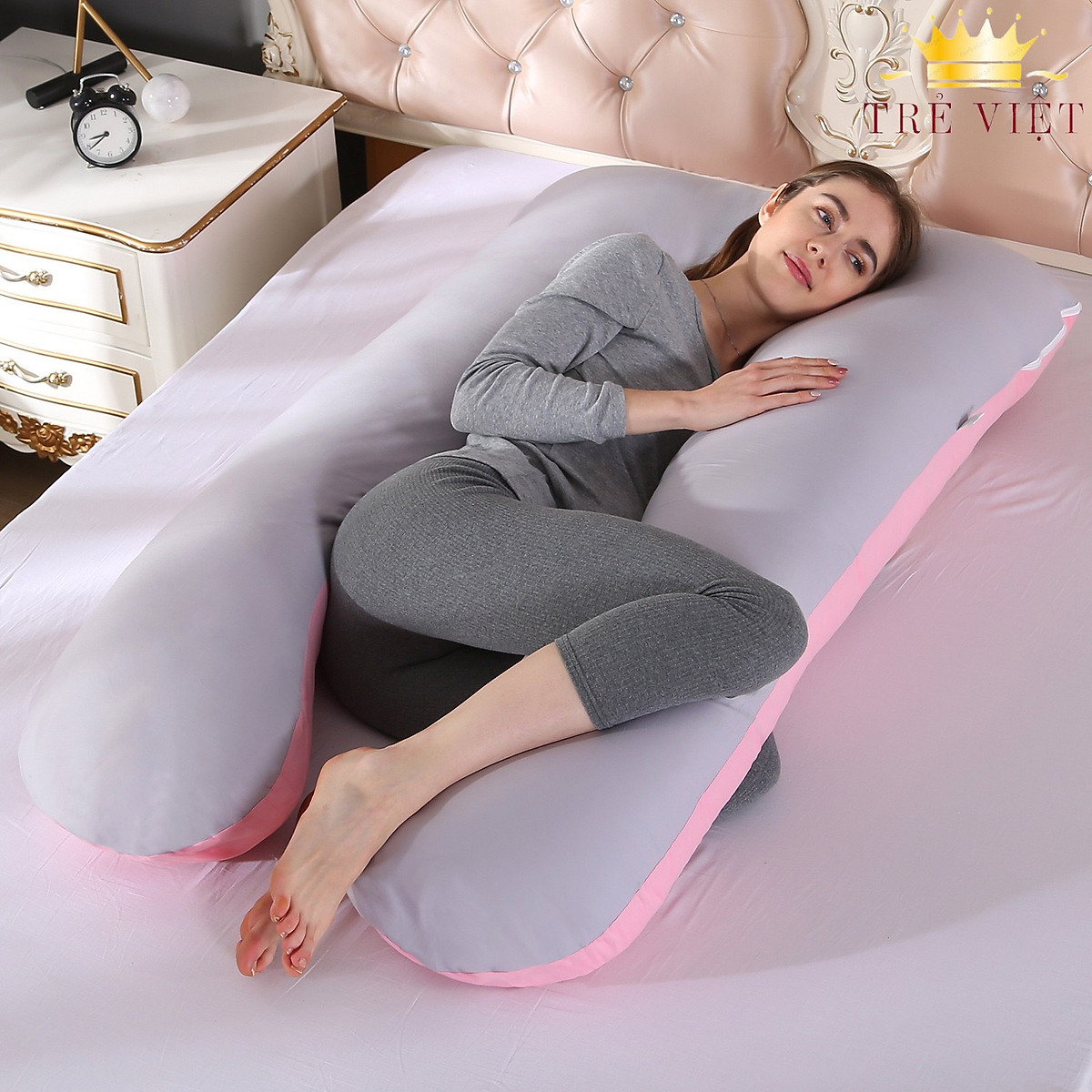 [TẶNG CẶP TÓC CÀNG CUA] Gối Ôm Bà Bầu Chữ U vải nhung mềm mại hỗ trợ giảm đau lưng, gối đa năng cực tiện hàng cao cấp - Màu hồng xanh