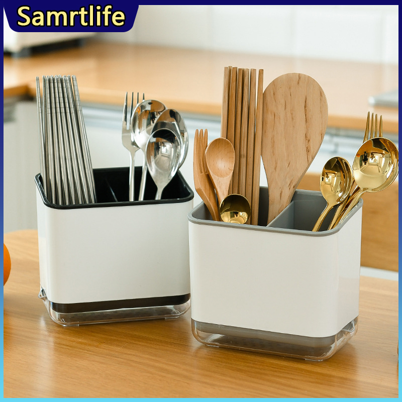 Gambar Smartlife Chopsticks Storage Box 1PC Double Layer Detachable Multifunctional Chopsticks Storage Holder Spoon Fork Cutlery Drain Rack Organizer Kitchen Utensils