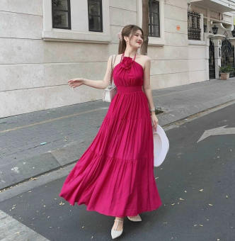 Đầm Xòe Cổ Yếm Phối Bông Cổ Bo Eo (Có Mút Ngực) LONG Mart Màu Sắc Nhã Nhặn Thật Sự Phù Hợp Để Tới Công Sở, Đi Làm Hoặc Đi Chơi,Free Size Dưới 55kg,Phù Hợp Mọi Với Mọi Phong Cách