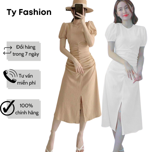 Đầm body màu nude cổ tròn nhún eo tyfashion tôn dáng phù hợp đi làm đi chơi